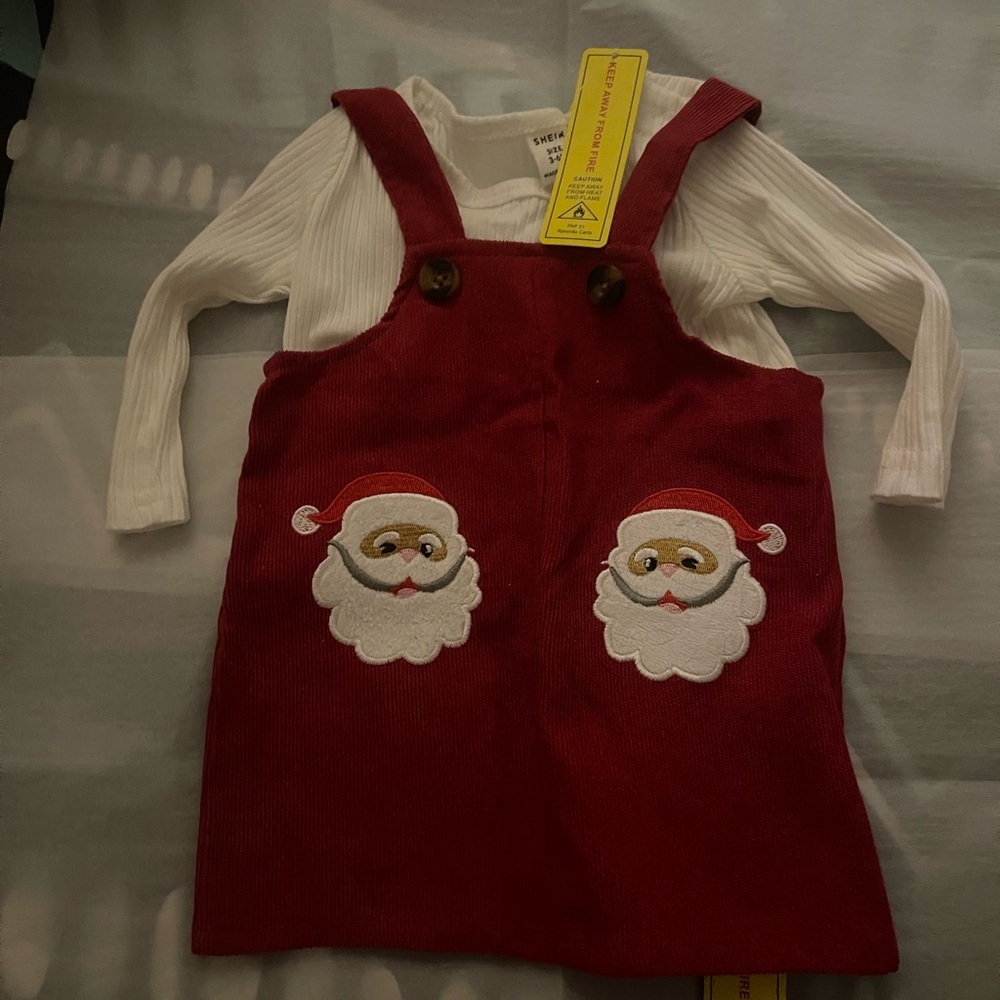 Red Santa Pinafore Dress with White Long Sleeve 3-6M NWT